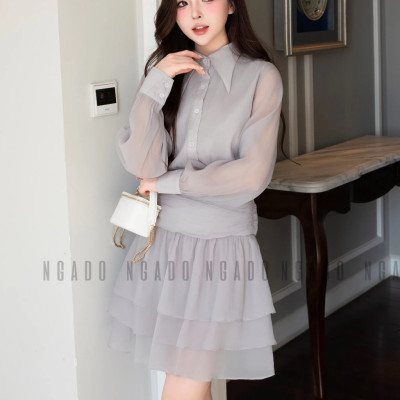 Đầm xám phối voan NGADO , đầm sơ mi , đầm dài tay