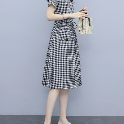 Đầm suông sơ mi form rộng kẻ caro, Đầm sơ mi nữ dáng dài tay ngắn phong cách công sở Haint Boutique Da174