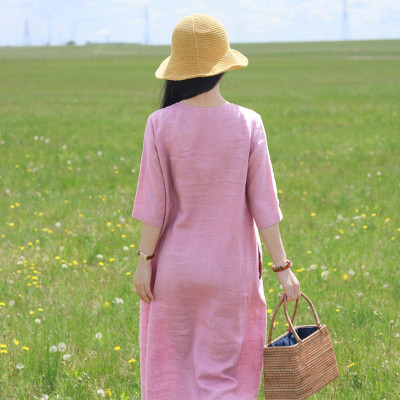 Đầm linen nữ dáng suông thắt eo cổ tim, tay lỡ, chất linen mềm màu hồng nữ tính mẫu hè mới Haint Boutique