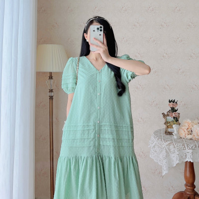 De Leah - Đầm Suông Gấu Xếp Nếp Ngắn Tay - Thời Trang Thiết Kế