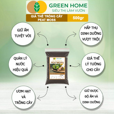 Rêu Than Bùn Peatmoss Greenhome, Bao 500gr, Giá Thể, Cân Bằng Ẩm, Trộn Đất Trồng Sen Đá, Kiểng Lá, Hoa Hồng, Ươm Hạt Giống