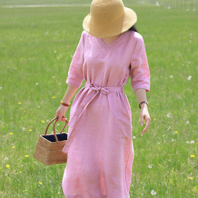 Đầm linen nữ dáng suông thắt eo cổ tim, tay lỡ, chất linen mềm màu hồng nữ tính mẫu hè mới Haint Boutique