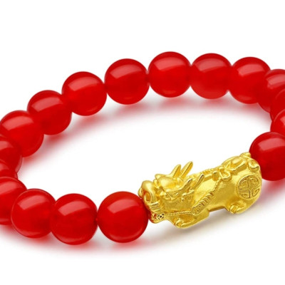 Vòng tay đá thạch anh đỏ gắn tỳ hưu cho Nam và Nữ