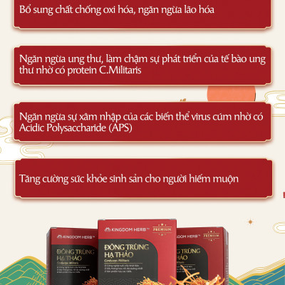 Đông trùng hạ thảo Kingdom Herb chính hãng loại thượng hạng sấy thăng hoa hộp 10 gram (tặng bình nước thủy tinh cao cấp)