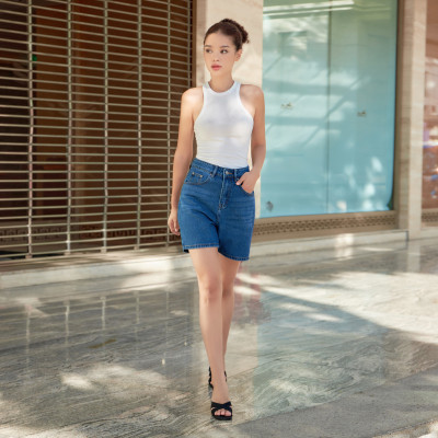 Quần short jean nữ lưng cao regular fit Aaa Jeans Navy Blue