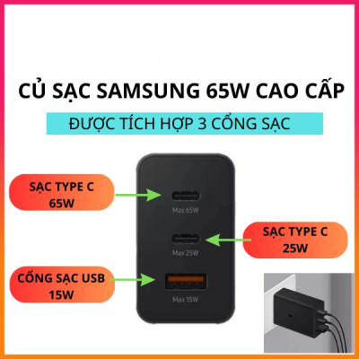 Bộ dây và củ sạc siêu nhanh samsung 65w type C, sạc 3 thiết bị cùng lúc, dùng cho Samsung S22, S22 Plus, S22 Ultra, S21/plus/ultra, Note 20/ultra, S20, Note 10/plus, S10/10plus, Note 9, S9/plus, Note 8, S8/plus - Hàng chính hãng