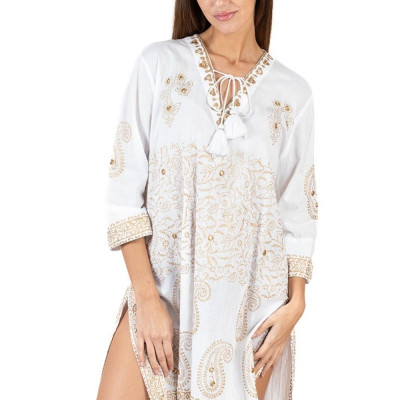 Đầm Trắng Xẻ Tà Vẽ Ánh Kim Cotton Isla Bonita