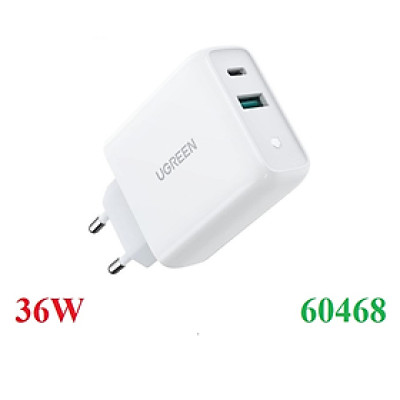 Củ Sạc nhanh 2 cổng USB A và USB Type-C 36W Ugreen 60468 màu trắng - Hàng chính hãng