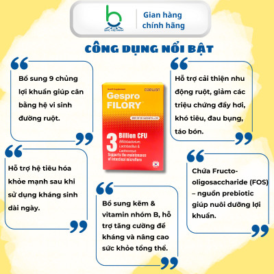 Men Vi Sinh Gespro Filory Bổ Sung Lợi Khuẩn, Hỗ Trợ Tiêu Hóa, Tăng Cường Sức Đề Kháng - 30 gói