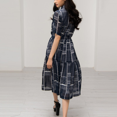 Đầm Công Sở Satin Cổ Trụ Họa Tiết Sọc Vuông Maxivic, La Mộc - LM72174