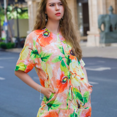 Đầm Mini Ngắn Trên Gối Linen Vải Lanh Hoạ Tiết Hoa Dâm Bụt Thời trang Hity DRE151