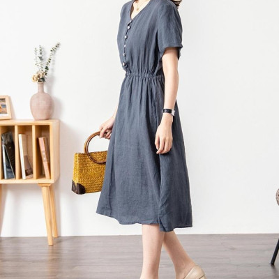  Váy sơ mi cổ V dáng suông dài basic vintage Hàn Quốc đơn giản nhẹ nhàng Haint Boutique Da173