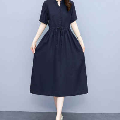 Đầm linen suông cổ phát V, tay ngắn có dây rút eo, phong cách công sở cho nữ Haint Boutique 