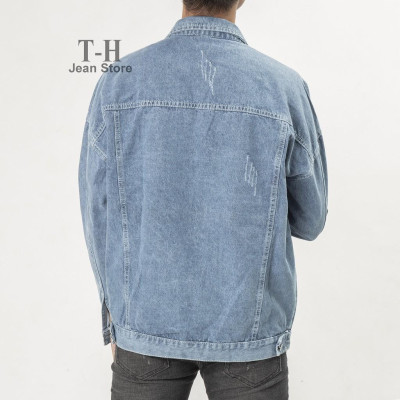 Áo khoác jean nam màu xanh cơ bản cào xước, áo bò thời trang cho nam