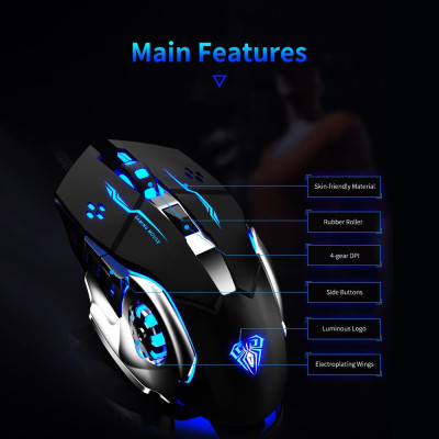 Chuột chơi game có dây AULA S20 USB 2400DPI có thể lập trình với 4 màu ánh sáng cho máy tính xách tay PC