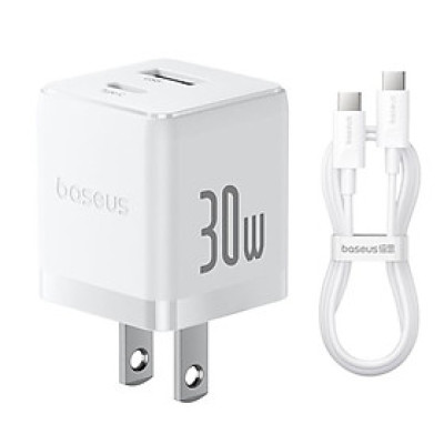 Bộ sạc nhanh nhỏ gọn 2 cổng Baseus Palm U + C 30W Kèm cáp C to C 60w dài 1M - Hàng chính hãng