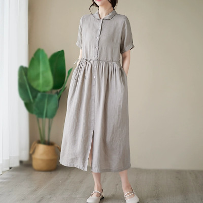 Đầm linen dáng dài, suông công sở cổ tròn linen tay cộc kèm dây eo, đầm đũi form rộng Haint Boutique Da169