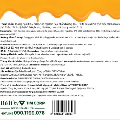Siro đào Déli - 350ml - đậm đặc, chuyên dùng pha chế trà trái cây, soda