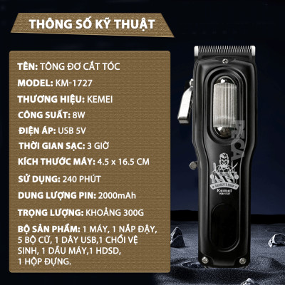 Tông đơ cắt tóc chuyên nghiệp Kemei KM-1727 công suất mạnh 8W màn hình LCD sạc nhanh USB tiện lợi - Chính hãng