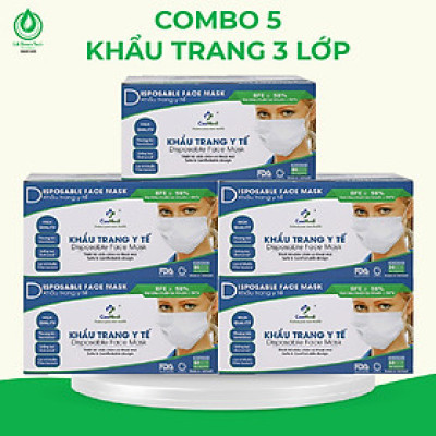 COMBO 5 HỘP Khẩu trang y tế CAEMEDI 3 lớp TRẮNG/XANH Cao cấp, kháng khuẩn, lọc bụi bẩn đạt chuẩn BFE, FDA xuất khẩu Hoa Kỳ - Hộp 50 cái