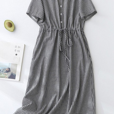 Đầm suông linen nữ họa tiết kẻ sọc caro trẻ trung, đầm sơ mi công sở thanh lịch HB37