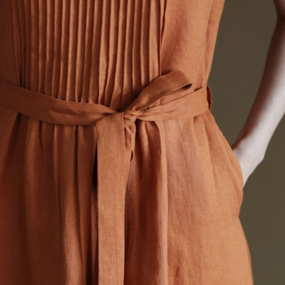 Đầm linen suông thiết kế , Đầm váy nữ dáng dài cổ tròn, ngắn tay eo có dây thắt Haint Boutique Da191