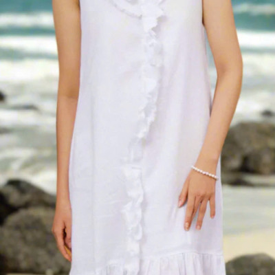 Đầm Maxi Linen Trắng Rút Rua Thủ Công Cao Cấp Du lịch Biển Resorts Lân Sa Thời trang Hity DRE209