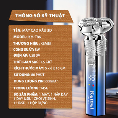 Máy cạo râu khô và ướt KEMEI KM-T86 chống thấm nước IPX6 công suất 8W sạc USB nhanh 1.5 giờ - Chính hãng