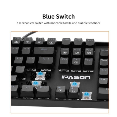 Bàn phím cơ IPASON chơi game kim loại 104 phím Màu xanh lam có đèn nền Rollover N-key dành cho văn phòng và trò chơi