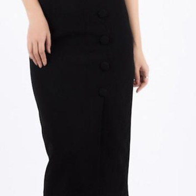 Chân Váy Midi Cúc Bọc De Leah -  Đen