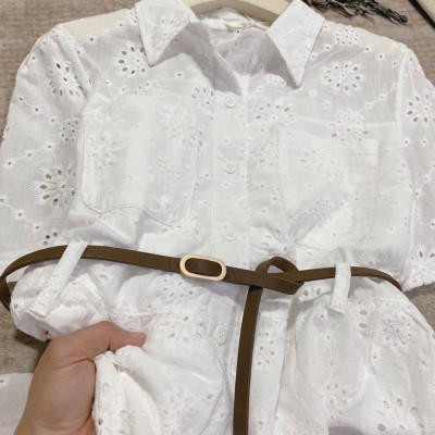 váy sơ mi dáng suông - Váy ren hoa cổ sơ mi kèm đai