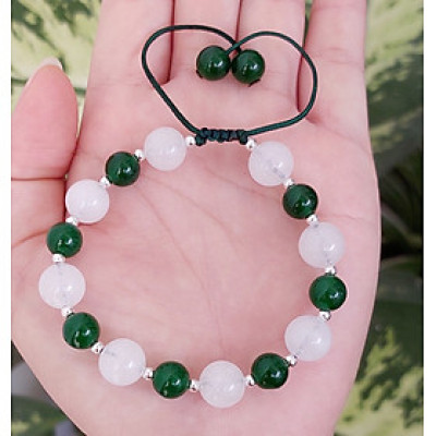 Vòng tay Nữ phong thủy đá mã não trắng mix đá thạch anh xanh và bi bạc kết dây thời trang