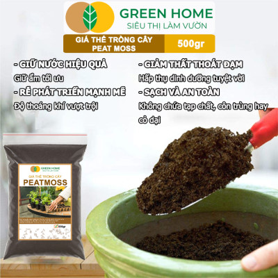 Rêu Than Bùn Peatmoss Greenhome, Bao 500gr, Giá Thể, Cân Bằng Ẩm, Trộn Đất Trồng Sen Đá, Kiểng Lá, Hoa Hồng, Ươm Hạt Giống