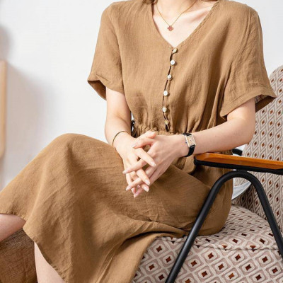 Đầm sơ mi cổ V màu trơn thanh lịch cho nữ, Đầm suông linen nhún eo, ngắn tay mặc đi làm, đi chơi Haint Boutique Da173