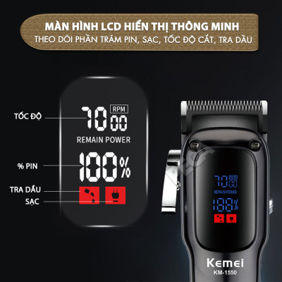 Tông đơ cắt tóc chuyên nghiệp Kemei KM-1550 cống suất mạnh 5W màn hình LCD sạc nhanh USB type C tiện lợi - Chính hãng