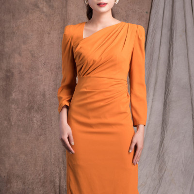 Đầm Lụa Cam Cổ Chữ V Xéo Dáng Vest Maxivic M012307