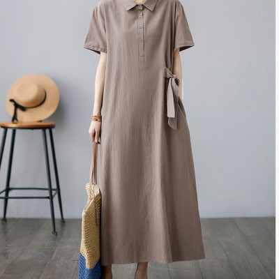 Váy sơ mi tay ngắn có 2 túi trước, dáng váy dài siêu tôn dáng HB61