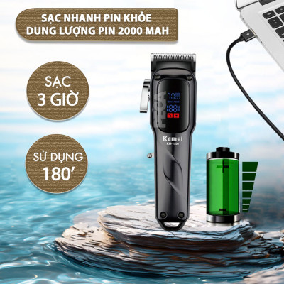 Tông đơ cắt tóc chuyên nghiệp Kemei KM-1550 cống suất mạnh 5W màn hình LCD sạc nhanh USB type C tiện lợi - Chính hãng