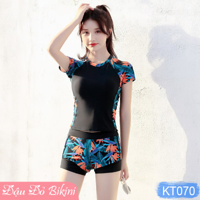 Bộ bơi nữ 2 mảnh thông dụng, áo cộc tay cùng quần bơi short 2 lớp trẻ trung, chất thun bơi lạnh co giãn cao, có sẵn đệm rời | KT070