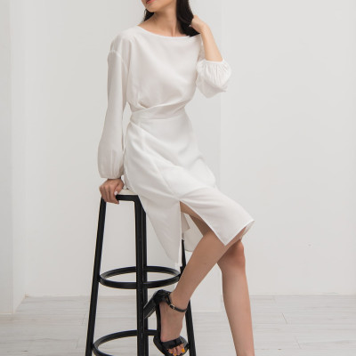 Đầm Công Sở Lụa Hàn Cổ Thuyền Xẻ Tà Maxivic, La Mộc - LM92114