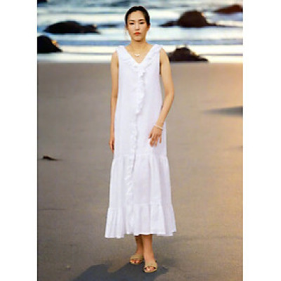 Đầm Maxi Linen Trắng Rút Rua Thủ Công Cao Cấp Du lịch Biển Resorts Lân Sa Thời trang Hity DRE209