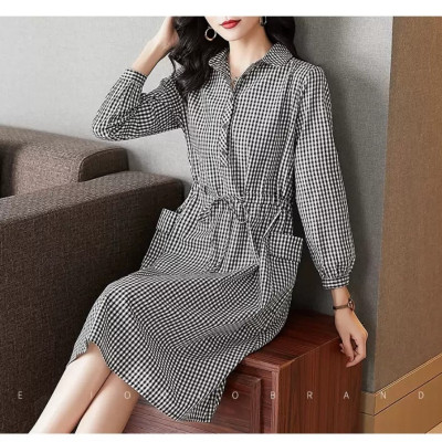 Đầm váy sơ mi nữ caro dáng suông dài tay, có túi hông kèm dây chỉnh eo, chất vải thô đũi Haint Boutique