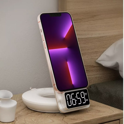 Sạc Wiwu Automatic Positioning 4in1 M11 Dành Cho Điện Thoại Hỗ Trợ Sạc Nhanh Không Dây, Có Đồng Hồ Báo Thức - Hàng Chính Hãng