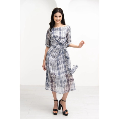 Đầm Voan Xòe Loang Xanh Xoắn Eo Maxivic, La Mộc - LM72113