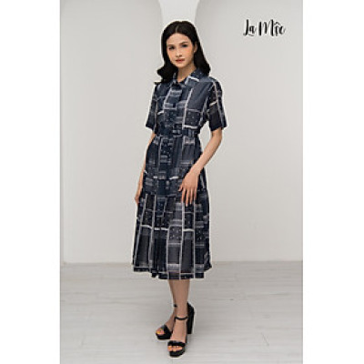 Đầm Công Sở Satin Cổ Trụ Họa Tiết Sọc Vuông Maxivic, La Mộc - LM72174