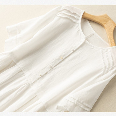 Đầm linen nữ suông dài form rộng, Váy sơ mi thiết kế cổ tròn cài cúc tay lỡ nhiều màu lựa chọn Haint Boutique