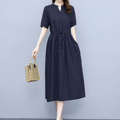 Đầm linen suông cổ phát V, tay ngắn có dây rút eo, phong cách công sở cho nữ Haint Boutique 