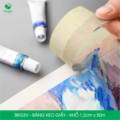 BKG3V - Block 12 cuộn băng keo giấy khổ 1.2cm x 50m - Băng dính giấy viết được, chặn màu sơn