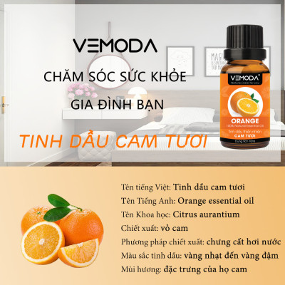 Tinh dầu Cam tươi cao cấp. Orange Essential Oil 10ml. Tinh dầu xông phòng giúp khử mùi, kháng khuẩn, thanh lọc không khí, xua đuổi côn trùng, giảm căng thẳng, cân bằng cảm xúc. Tinh dầu thơm phòng cao cấp Vemoda