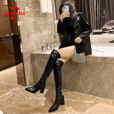 Bốt Đùi Nữ Mũi Nhọn Da Lộn Lót Lông PINKAHA Ôm Chân Gót Cao 7cm Không Khoá